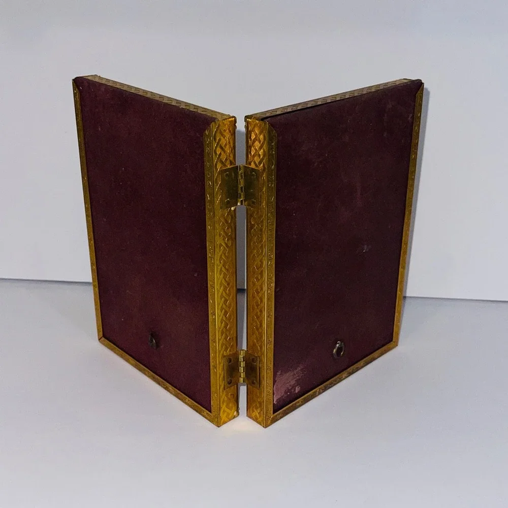 Vintage Double Folding Picture Frame Gold Tone Metal Etched 5x7 Burgundy Velvet